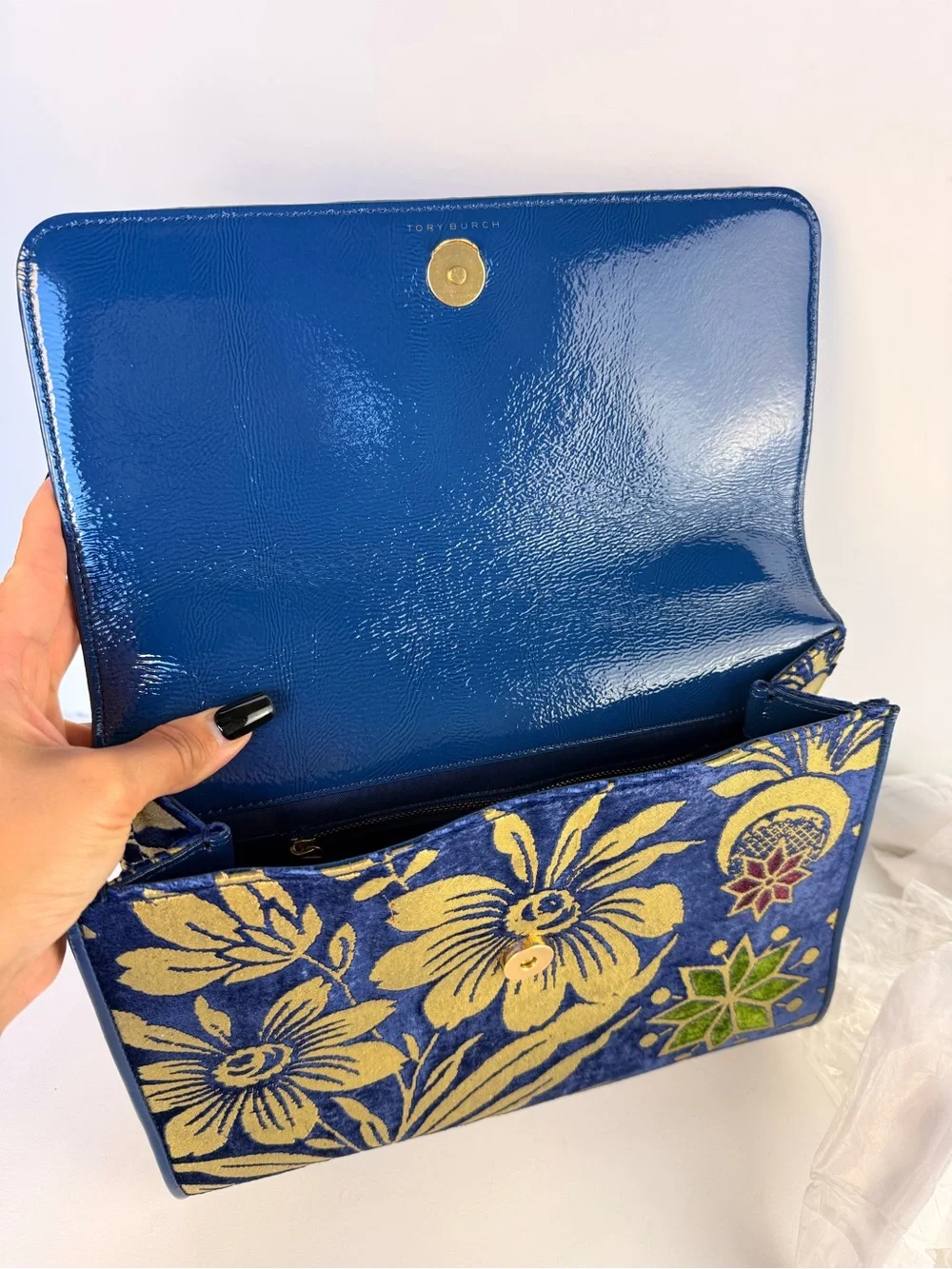 Tory Burch Cosmic Floral Velvet Shoulder Bag Blue Gold Chain $558